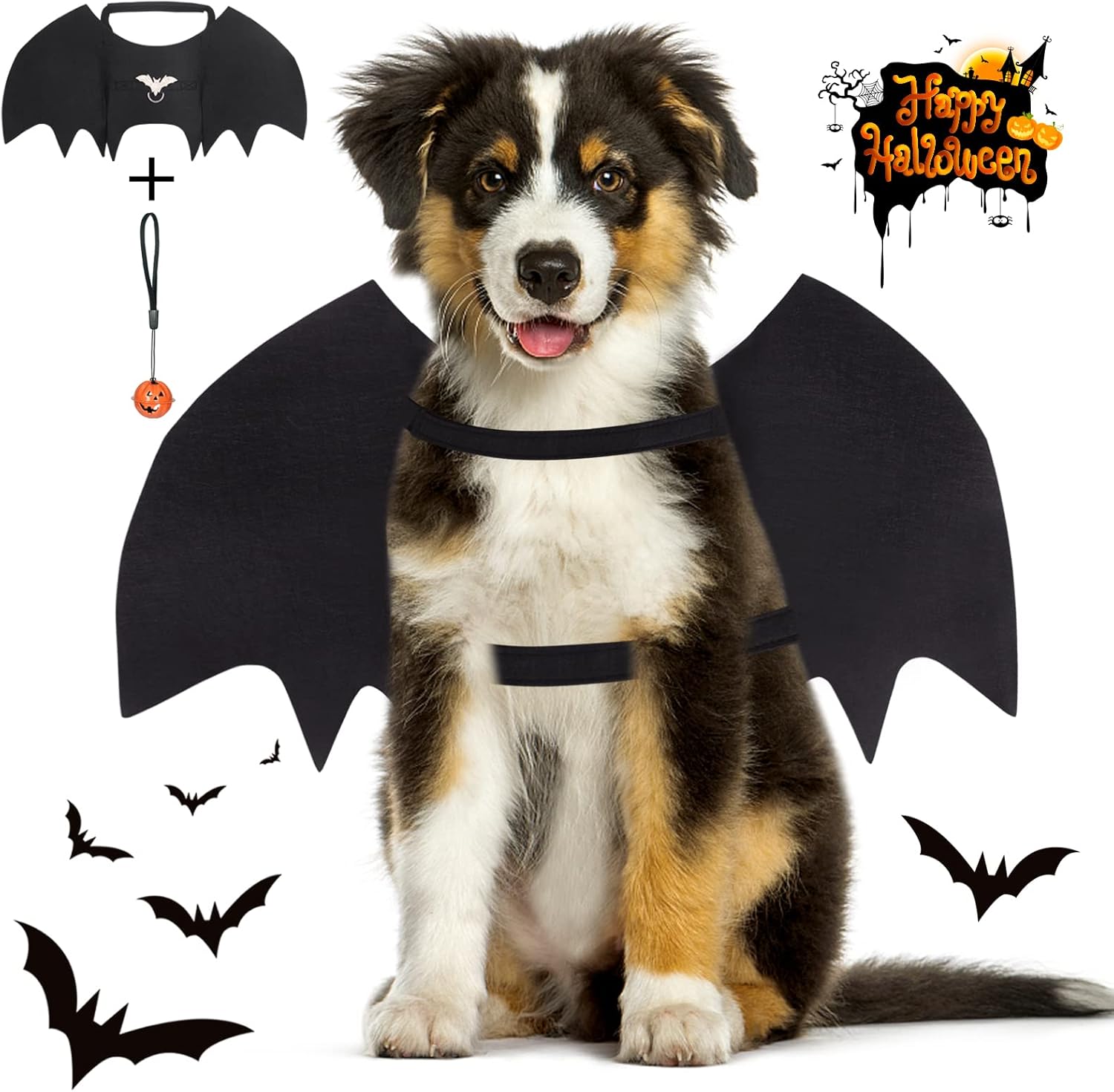 Dog Bat Wings Halloween Costumes for Medium Dogs with Pumpkin Bell Adjustable Pet Cosplay Outfit Neck 12.6-20.5 in Chest 13.5-24.4 in
